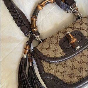 Gucci Rare GG Monogram Canvas and Leather Medium Tassel Bamboo Top Handle Bag